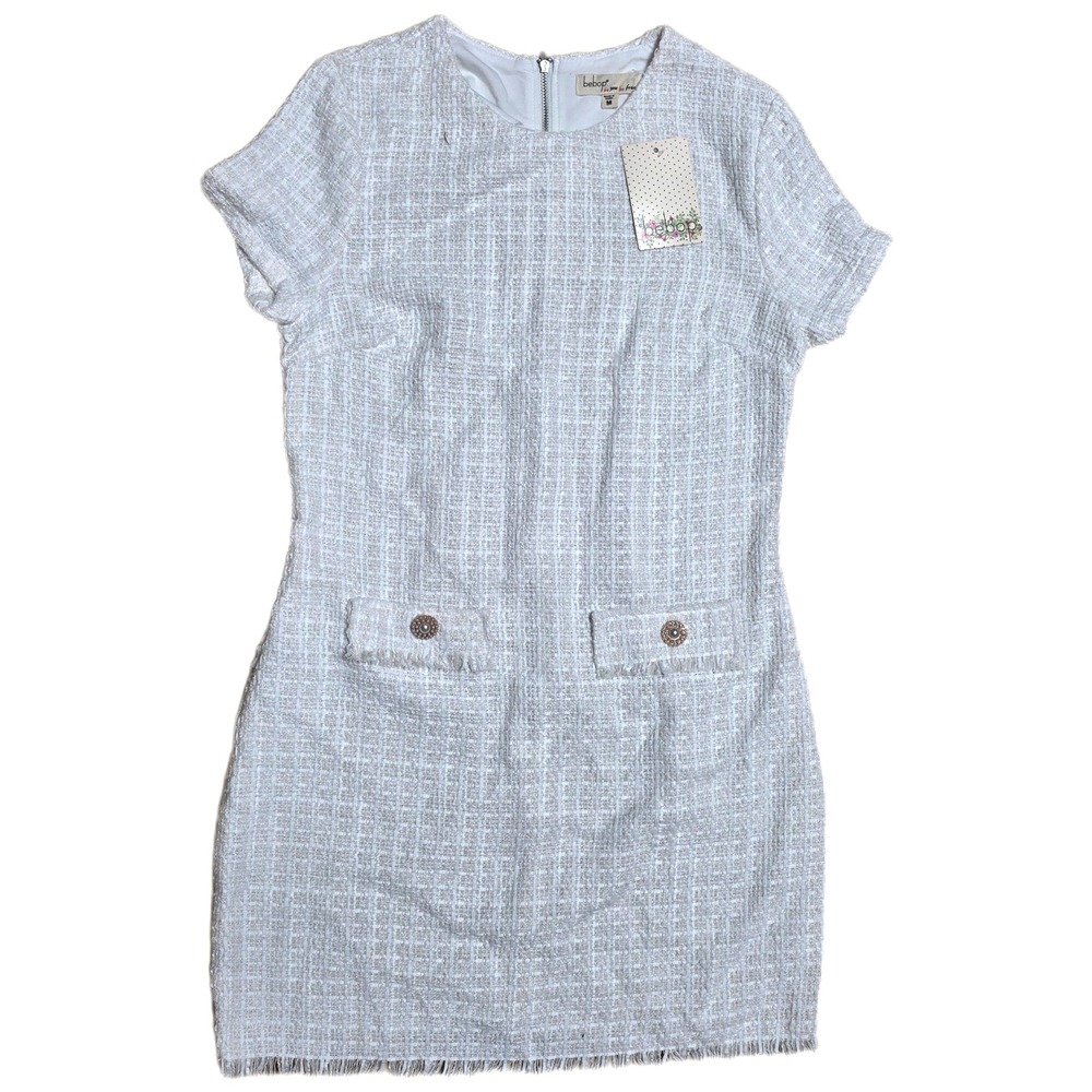 NWT Bebop Women's White Tweed Dress Short Sleeve Frayed Hem Mini Sheath Size‎ M